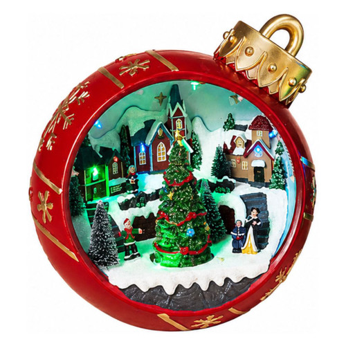 Red ornament-shaped Christmas decoration containing a snowy village scene and decorated Christmas tree.

Animated resin holiday decoration with LED-lit village, figures, evergreen trees, and rotating Christmas tree.

10.6-inch red holiday ornament decoration with gold snowflake accents and miniature Christmas village scene.

2858860
