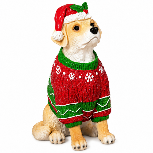Tan Holiday Dog Christmas Figurine | The Christmas Loft