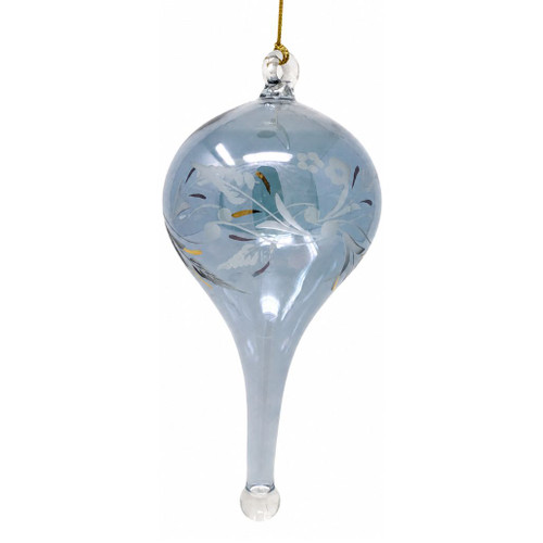 Handmade Egyptian Museum blue glass finial ornament with hand-etched scrollwork and delicate gold accents.
Mouth-blown glass Christmas finial ornament measuring 6.75 inches tall with artisan-etched detailing.
Elegant blue handcrafted glass finial ornament featuring etched decorative patterns and genuine gold trim.