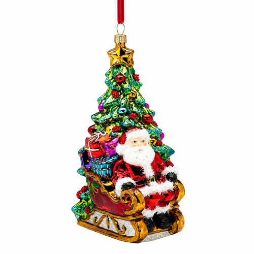 Huras Family Winterwald Santa 7.25-inch handblown glass Christmas ornament with Santa seated in a red and gold sleigh.

Winterwald Santa ornament with colorful wrapped presents and a decorated green Christmas tree topped by a gold star.

Hand-painted Polish glass ornament featuring Santa, a gift-filled sleigh, colorful ornaments, glitter accents, and a Christmas tree.