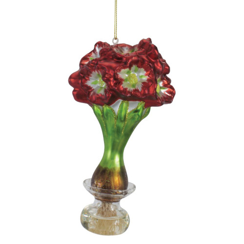 6.5-inch red and white amaryllis glass ornament with green foliage and clear vase.

Hanging glass amaryllis ornament with deep red petals, white and green flower centers, and glitter accents.

Red and white floral Christmas ornament depicting amaryllis blooms, green leaves, bulb, and clear glass vase.