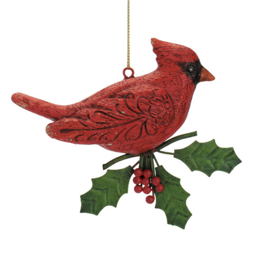 4-inch red cardinal ornament with green holly leaves and red berries.

Metal and resin cardinal Christmas ornament with antiqued detailing and decorative wing pattern.

Red bird hanging ornament accented with sculpted green holly leaves and berry clusters.