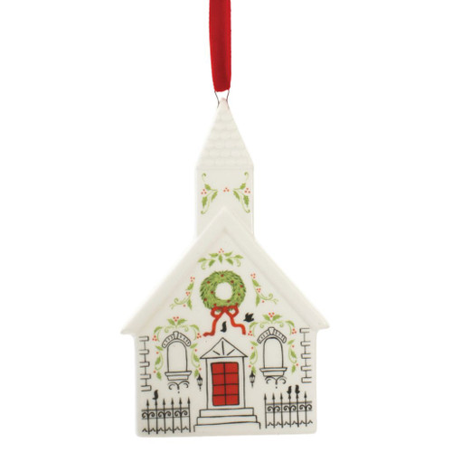 4-inch white dolomite church Christmas ornament with red door and green wreath.

Church ornament with tall steeple, arched windows, holiday greenery, and red hanging ribbon.

White dolomite Christmas church ornament decorated with a wreath, red bow, and architectural details.