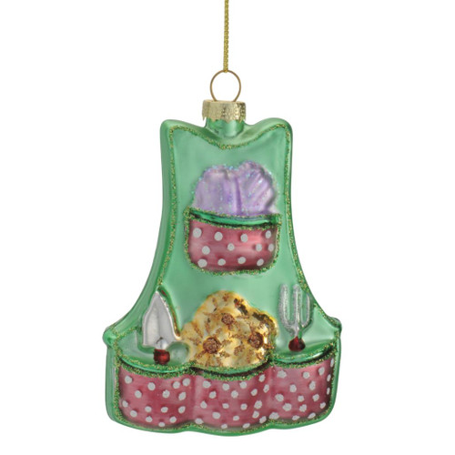 3.5-inch glass gardening apron Christmas ornament in green and pink.

Green gardening apron glass ornament with pink polka-dot pockets, garden tools, gloves, and glitter accents.

Colorful gardener-themed glass ornament shaped like an apron with gardening accessories.