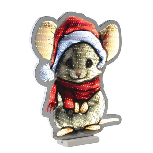 16-inch acrylic lighted mouse wearing a red-and-white Santa hat and scarf.

Mouse Ekkolight with illuminated face, large ears, Santa hat, red scarf, paws, and tail.

Lighted acrylic Christmas mouse in a Santa hat and red scarf on a freestanding base.