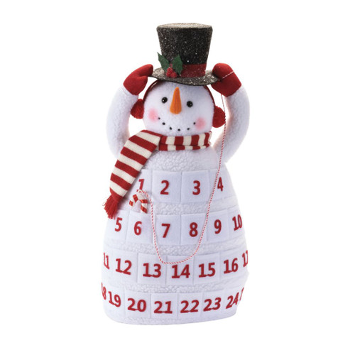 20.5-inch polyester snowman Christmas countdown with numbered pockets from 1 to 24.

White snowman countdown with red-and-white striped scarf, black top hat, mittens, and numbered pockets.

Christmas countdown snowman with 24 pockets and a candy cane-shaped movable marker.