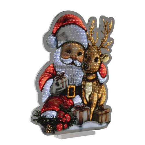 24-inch acrylic lighted Santa seated beside an antlered deer with wrapped Christmas gifts.

Santa with Deer Ekkolight featuring illuminated details, evergreen branches, red berries, and presents.

Lighted acrylic Christmas decoration with Santa, deer, gifts, snowy accents, and freestanding base.