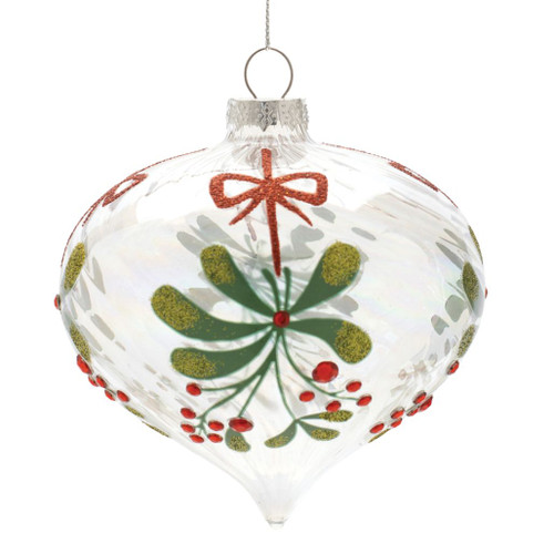 4-inch clear glass teardrop ornament decorated with green mistletoe and red berries.

Mistletoe teardrop glass Christmas ornament with red bow and gold glitter details.

Clear pointed glass ornament with botanical mistletoe design and silver-tone hanging cap.