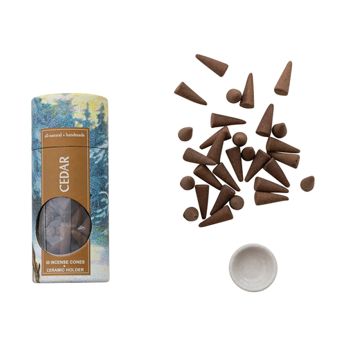 Cedar Incense Cones with Ceramic Holder - Set of 31