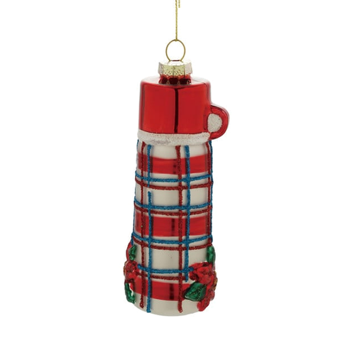 White Plaid Thermos Glass Ornament