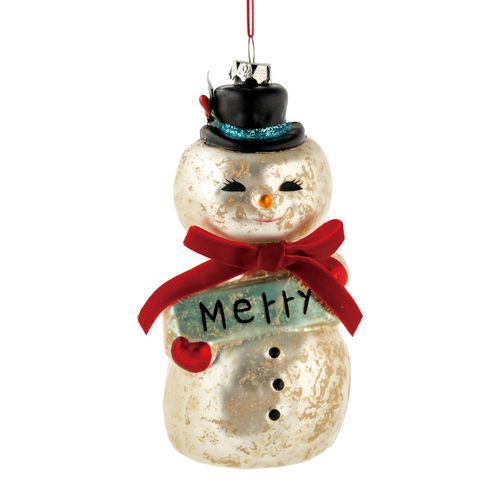 Vintage Glass Snowman Ornament with Red Bow & Glitter