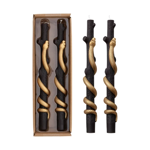 Black & Gold Snake Twig Taper Candles, Set of 2