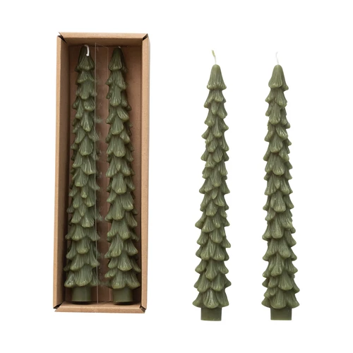 Green Tree Shaped Taper Candles, Set of 2