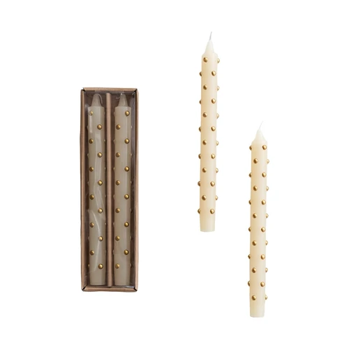 White & Gold 3D Dot Taper Candles, Set of 2