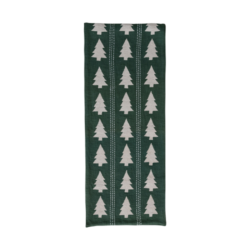 Green & Natural Tree Embroidered Cotton Table Runner