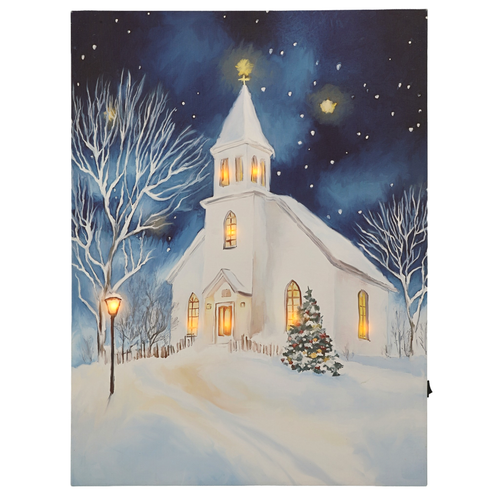 Lighted Church on Hill Winter Canvas