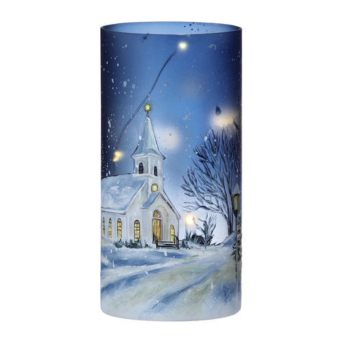 Lighted Winter Church Glass Hurricane - Lantern Design