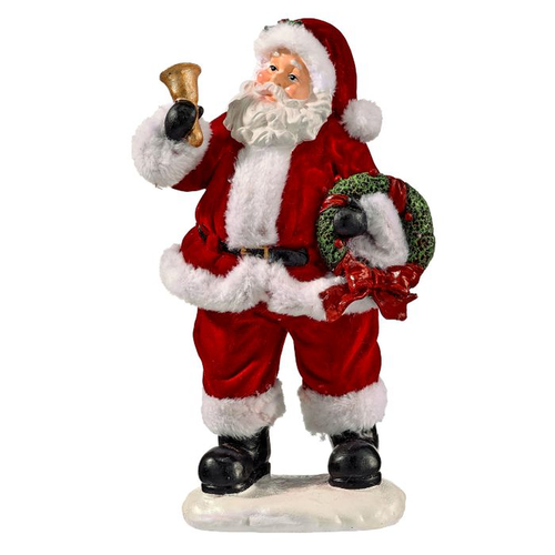 Flocked Santa with Wreath and Bell Figurine