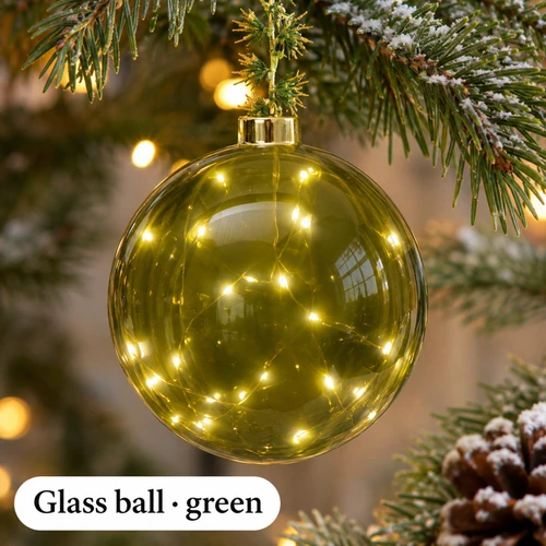 Green Micro LED Ball Ornament - warm LED lights on a decorated Christmas tree with a close-up of the bulbs