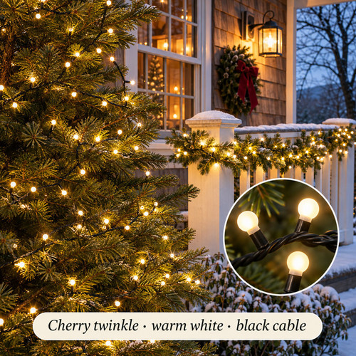 Lumineo 500 LED Warm White Cherry Twinkle String Lights - warm white LED lights on a decorated Christmas tree with a close-up of the bulbs