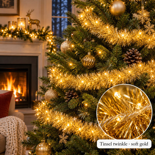 Lumineo Soft Gold Twinkle Tinsel Lights - warm LED lights on a decorated Christmas tree with a close-up of the bulbs