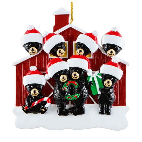 Personalized Black Bear Family of 8 Barn Ornament