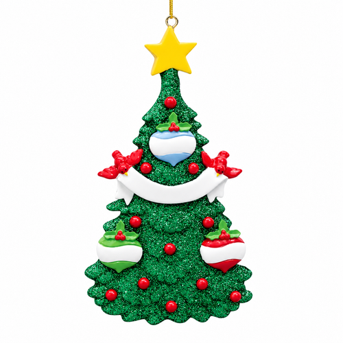 Personalized Green Glitter Family Tree Ornament for 3