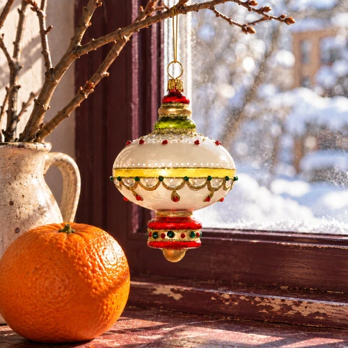 Glitter Lab Translucent Onion Dome Drop Ornament – glass Christmas ornament styled in a fun, eclectic home scene