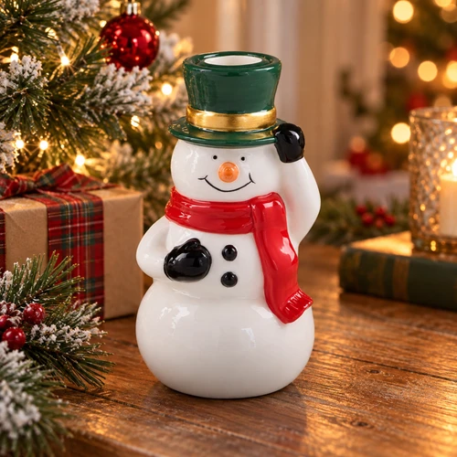 Snowman with Green Hat Taper Candle Holder