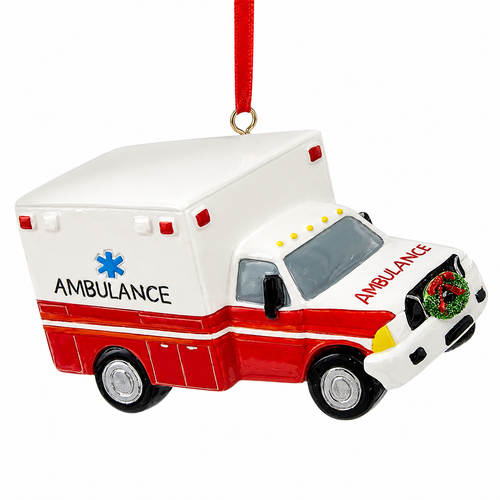 Personalized resin ambulance Christmas ornament with red and white emergency vehicle design.
Four-inch ambulance ornament featuring festive details and a hanging ribbon.
Christmas ornament personalized with a handwritten name and date by The Christmas Loft Elves.