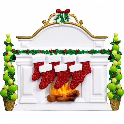 Personalized Christmas fireplace ornament with seven glittery red stockings hanging from a white mantel.
Freestanding resin mantel ornament decorated with holly garland, topiary trees, and glowing fireplace.
Family Christmas ornament with space for seven personalized names on sparkling red stockings.