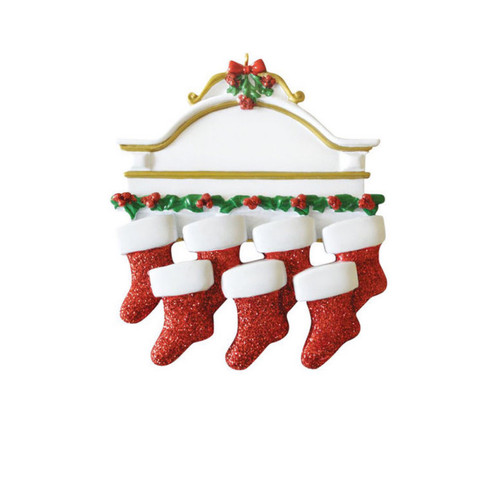 Personalized  White Mantle with 7 Red Stockings Ornament