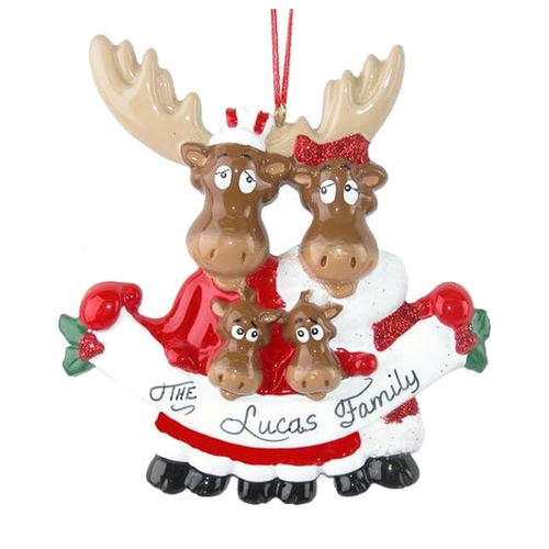 Personalized Moose Family of 4 with Banner Ornament
