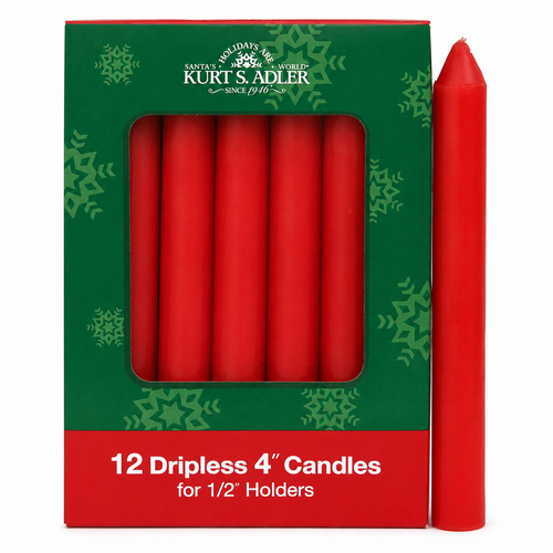 Box of 12 Kurt S. Adler 4-inch red dripless wax candles with one candle displayed outside the package.
Red replacement candles designed to fit 1/2-inch diameter candle holders.
Holiday candle set packaged in a green and red retail box.