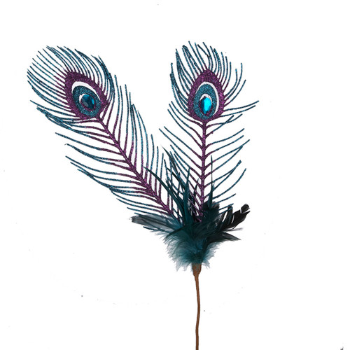 19.5-inch glittered peacock feather pick with jewel-toned feather design.
Decorative holiday floral pick featuring shimmering peacock eye details and a wired stem.
Plastic and metal Christmas accent for trees, wreaths, garlands, and centerpieces.​​​​​​​