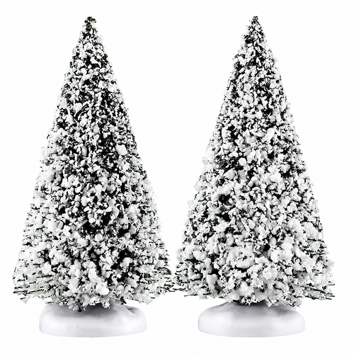 Two snow-dusted evergreen trees from the Lemax General Products Collection.
Plastic evergreen tree set for Christmas village landscaping and winter scenes.
Non-electrical Lemax Evergreen Tree Set of 2 measuring approximately 6.7 inches tall.