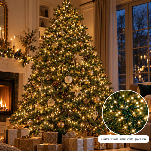 Lumineo 1512 LED Warm White Cluster Lights Green Wire - warm white LED lights on a decorated Christmas tree with a close-up of the bulbs