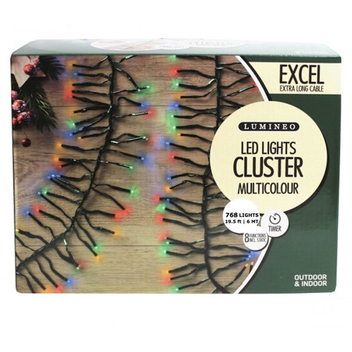 Lumineo 768 LED Multi Colour Christmas Cluster Lights Set, Dark Green Wire 19.5 Ft