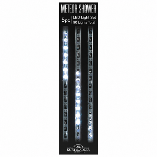Kurt Adler 90-light meteor shower LED light set with five cascading cool white light tubes.
Indoor/outdoor LED decoration featuring silver wire and dynamic falling meteor lighting effect.
Holiday meteor shower light set with UL-certified 120V plug for seasonal decorating.