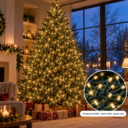 Lumineo 1000 LED Warm White Compact Lights Green Wire - warm white LED lights on a decorated Christmas tree with a close-up of the bulbs