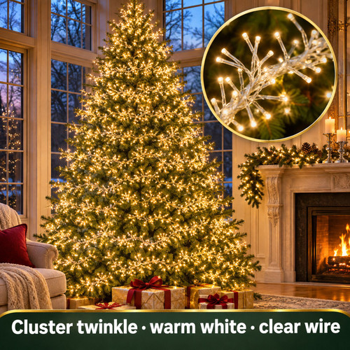Lumineo 1512 LED Warm White Cluster Lights Transparent Wire - warm white LED lights on a decorated Christmas tree with a close-up of the bulbs
