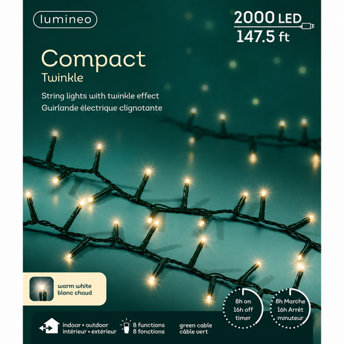 2000 LED Warm White Christmas Compact Lights Set, Green Wire 148 Feet