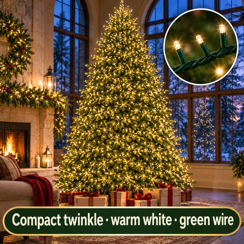 Lumineo 2000 LED Warm White Compact Lights Green Wire - warm white LED lights on a decorated Christmas tree with a close-up of the bulbs