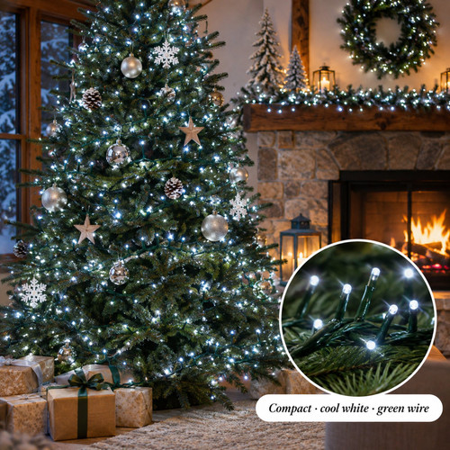 Lumineo 1000 LED Cool White Compact Lights Green Wire - warm white LED lights on a decorated Christmas tree with a close-up of the bulbs