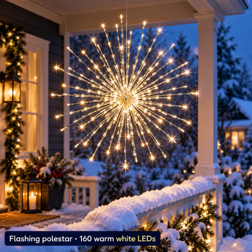 Lumineo 160 LED Warm White Flashing Polestar, Silver Wire, 27 Inch Diameter - warm white LED lights on a decorated Christmas tree with a close-up of the bulbs
