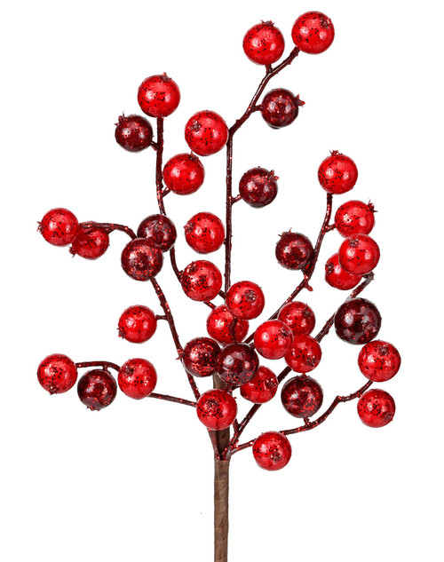 Red and Burgundy Glittered Berry Spray, 13 inches
