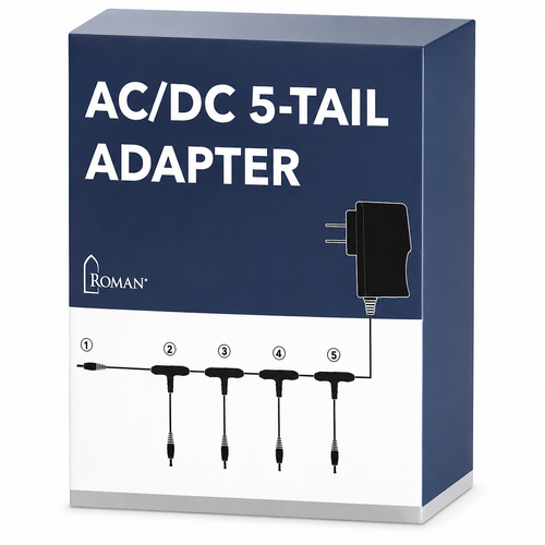 Roman AC/DC 5-Tail Adapter retail packaging with five-output power adapter.
Power adapter designed to connect up to five compatible animated village pieces.
Illustration showing multiple Christmas village displays connected to one adapter.​​​​​​​