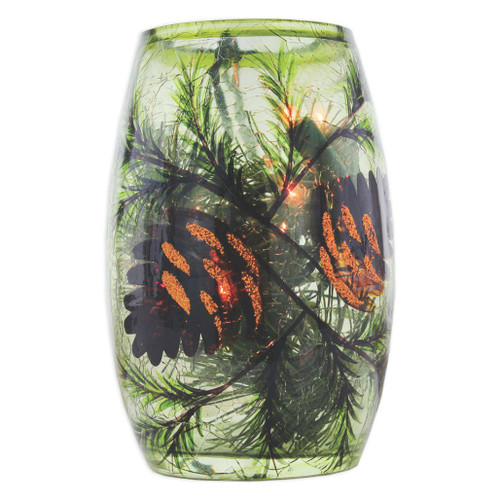 Stony Creek Whispering Pines lighted glass vase featuring pinecones and pine needle branches.
Decorative illuminated glass vase with warm lights and woodland-inspired accents.
Compact seasonal tabletop décor for summer, fall, and Christmas displays.