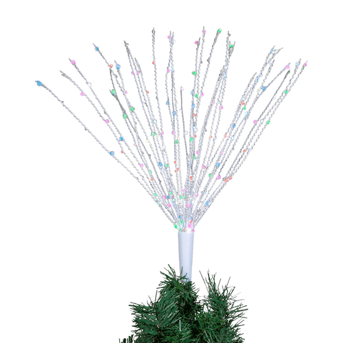 22-inch multicolor LED starburst Christmas tree topper with flexible illuminated branches.
Plug-in holiday decoration featuring 24 color-changing LED lights on adjustable arms.
Metal, plastic, and copper starburst decoration for trees, wreaths, and porch displays.​​​​​​​