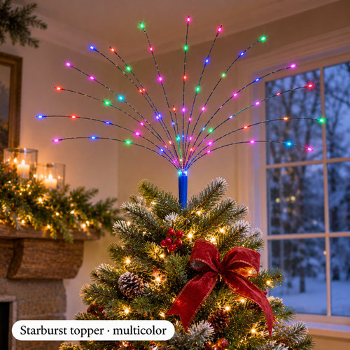 22" Starburst Multicolor LED Light Tree Topper - warm LED lights on a decorated Christmas tree with a close-up of the bulbs